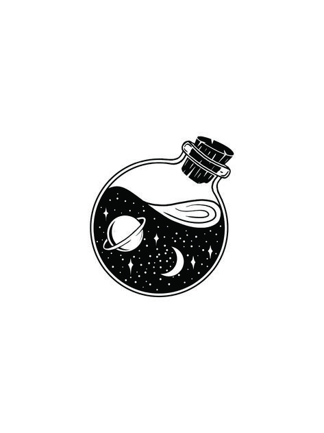 Space In A Bottle Tattoo, Retro Futuristic Tattoo, Space Bottle, Tree Frog Tattoos, Ear Tattoo Ideas, Bottle Tattoo, Bottle Drawing, Minimalist Drawing, Engraving Illustration