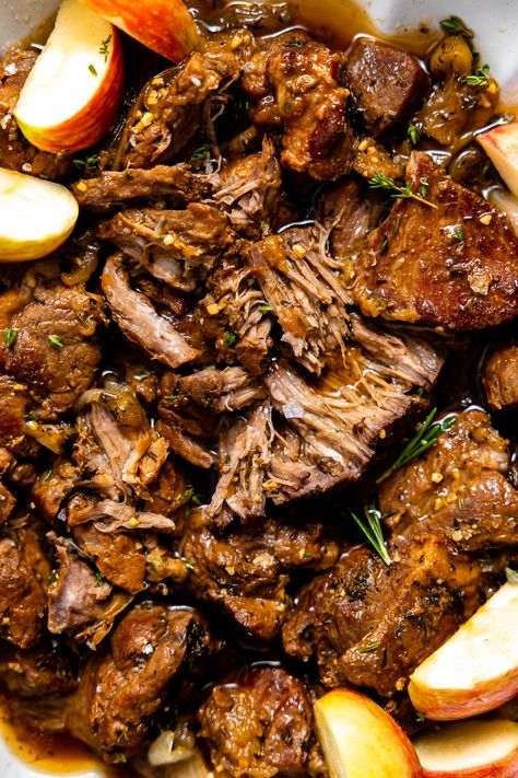 Apple Cider Braised Pork-5 Braised Pork Roast Recipes, Pork Half Baked Harvest, Apple Cider Pork Shoulder, Apple Cider Pork Roast Slow Cooker, Pork Shoulder Roast Crock Pot, Apple Cider Braised Pork, Cider Braised Pork, Apple Cider Pork, Slow Cooker Pork Roast