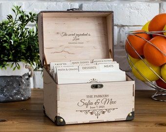 Personalized Recipe Box, Recipe Card Box, Personalized Bridal Shower Gifts, Recipe Box Wooden, Custom Recipe, Wooden Storage Boxes, All Recipes, Recipe Card, Anniversary Gifts For Wife