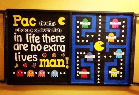 PacMan Bulletin Board PAC healthy choices on your plate, in life there are no extra lives man Nutrition Games, Cafeteria Bulletin Boards, Nutrition Bulletin Boards, Nurse Bulletin Board, Work Engagement, Health Bulletin Boards, Nutrition Poster, College Bulletin Boards, Bulletin Boards Theme