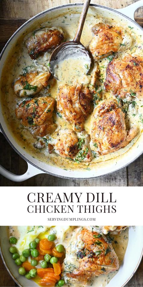 Creamy Dill Chicken Thighs Creamy Dill Chicken, Chicken Thighs Dinner, Dill Chicken, Creamy Dill Sauce, Over Mashed Potatoes, Chicken Thighs Recipes, Chicken And Cabbage, Creamy Garlic Chicken, Dill Sauce