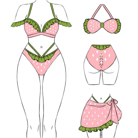 Strawberry Clothes Drawing, Black Clothes Drawing, Swimsuit Drawing Reference, Swimsuit Design Drawing, Strawberry Outfit Drawing, Gacha Swimsuit, Swimsuit Drawing, Outfits Drawing Reference, Cute Pink Dresses