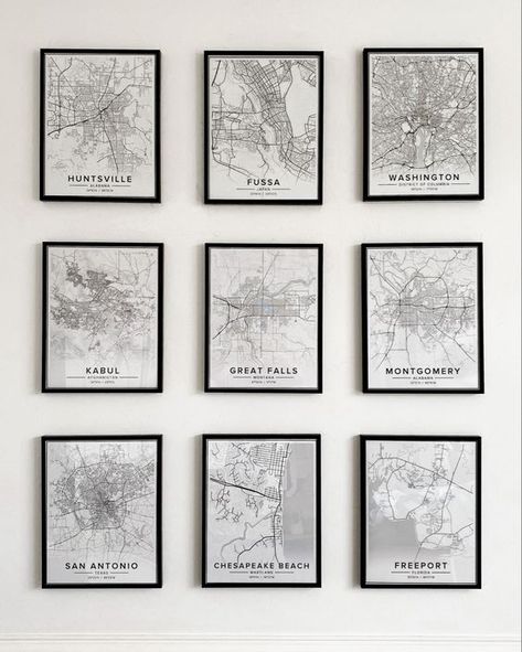 Canva Collage Inspirations Framed City Map Wall Art, Office Wall Art Creative Modern, Framed Maps On Wall, Mix Tile Photo Wall Ideas, Map Gallery Wall, City Wall Decor, Hallway Gallery Wall, Travel Gallery Wall, Canvas Photo Wall