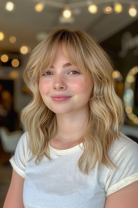 Woman with shoulder-length wavy hair and curtain bangs, styled for thick hair. Hairstyles For Thick Wavy Hair, Trending Looks, Flattering Hairstyles, Thick Wavy Hair, Face Framing Bangs, Bob Hairstyles For Thick, All Hairstyles, Natural Wavy Hair, Long Bangs