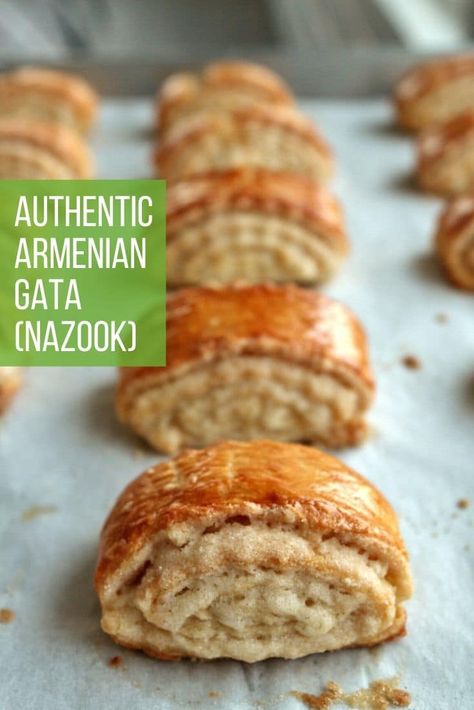 Gata is easily one of the most beloved Armenian desserts. It's a pastry with similarities to both croissants and rugelach, but with a personality of its own. Some call it nazook, but this typically refers to a walnut-filled version made by Iranian Armenians. Crisp on the outside, flaky within, with spirals of vanilla-laced sweetness throughout, it's a divine dessert any time of year. Armenian Gata Recipe, Nazook Recipe, Gata Recipe, Armenian Dessert, Armenian Gata, Armenian Food, Georgian Cuisine, Armenian Recipes, Armenian Culture