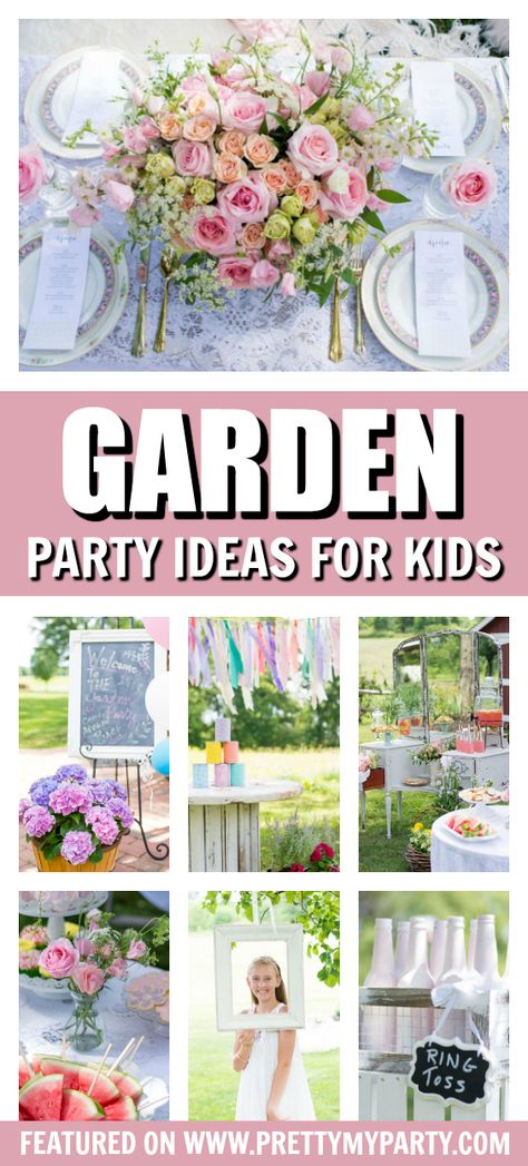 Whimsical Kids Garden Party on Pretty My Party Garden Kids Party, Lemonade Desserts, Kids Garden Party, Garden Theme Birthday, Kids Gardening Party, Popcorn Party Favors, Garden Party Games, Toddler Garden, Garden Party Ideas