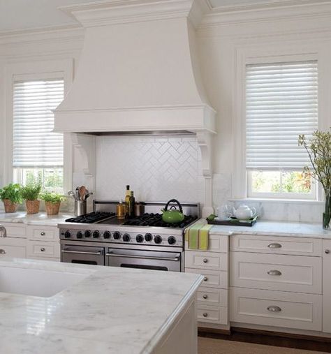 Kitchen Hood Ideas, White Kitchen Traditional, Kitchen Hood Design, Kitchen Vent Hood, Kitchen Vent, Traditional Kitchen Design, Faux Wood Blinds, Kitchen Hoods, Traditional Kitchen