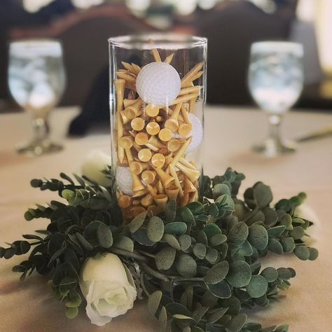 Golf Wedding Theme Centerpieces Table Decorations, Golf Tournament Table Centerpieces, Golf Course Wedding Decorations, Golf Theme Wedding Reception, Golf Banquet Decorations, Golf Dinner Party, Golf Centerpiece Ideas Diy, Golf Ball Centerpieces, Golf Club Wedding Decor