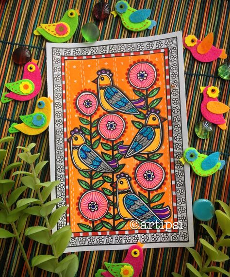 #birds #folkart #madhubani #artipsi Madhubani Digital Art, Madhubani Art Bird, Indian Folk Art Painting Easy, Manjusha Art, Madhubani Painting Easy, Madhubani Birds, Easy Madhubani Painting, Madhubani Paintings Traditional, Traditional Madhubani Art