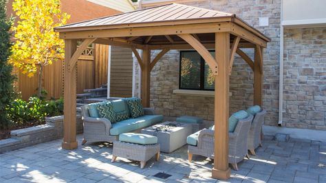 12 x 12 Wood Gazebo With Aluminium Roof - Yardistry Structures - Gazebos, Pavilions and Pergolas Cedar Gazebo, Aluminium Roof, Diy Gazebo, Wooden Gazebo, Backyard Gazebo, Pergola Design, Backyard Pavilion, Wooden Pergola, Beer Cooler