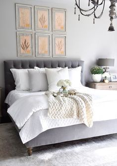 Dreamy white bedding and gray tufted headboard Grey Bed, Grey Bed Frame, Grey Headboard, Grey Bedroom, Gray Bedroom, Bedroom Headboard, Chic Bedroom, Grey Bedding, Master Bedrooms Decor