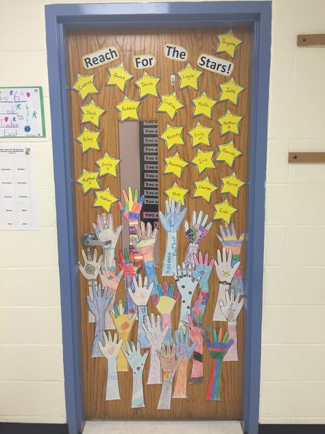 Reach for the Stars Classroom Door Stars Door Decorations Classroom, Reach For The Stars Door Decoration, Star Of The Week Display, Star Theme Classroom Decor, Super Star Classroom Theme, Star Door Decorations Classroom, Star Classroom Door Ideas, Classroom Door Displays Primary, Stars Classroom Door