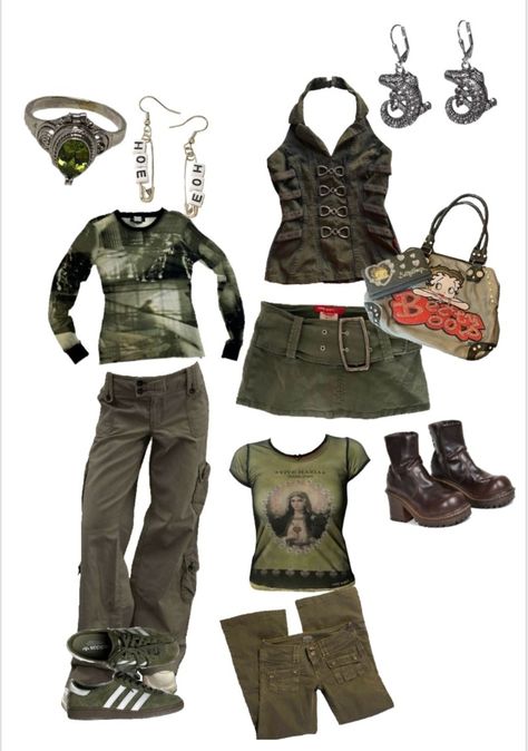 Outfits With Green Cargos, Green Outfit Y2k, Military Green Outfit, Green Grunge Outfit, Green Y2k Outfit, Camoflauge Outfits, 2000s Moodboard, Scene Belt, Camo Jacket Outfit