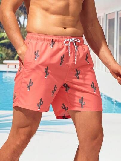 Manfinity Men Cactus Print Letter Patch Detail Drawstring Waist Swim Trunks | SHEIN USA Fabric Plants, Style Boy, Rosa Coral, Paisley Shorts, Banana Print, Baby Swimsuit, Swimming Shorts, Men Beach, Cactus Print