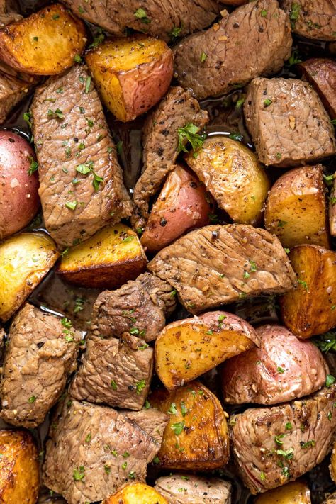 Steak Bites and Potatoes are an easy one-pan dinner. It's full of delicious flavor and comes together in less than 30 minutes- the perfect option for meat-and-potatoes on a weeknight. Beef Sirloin Tip Steak Recipes, Sirloin Soup, Steak And Potato Bites, Tip Steak Recipes, Sirloin Tip Steak Recipes, Sirloin Steak Bites, Simple Baked Potato, Steak Bites And Potatoes, Steak And Baked Potato