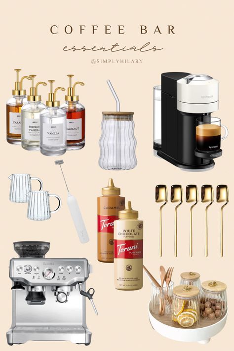 Amazon home essentials/finds for at home coffee bar Coffee Bar Ideas Restaurant, Coffee Bar Stand Ideas, At Home Barista Bar, Coffee Station Essentials, Coffee Bar List, Aesthetic Coffee Bar Home, Espresso Machine Set Up, Coffee Bar Ingredients, Coffee Syrup Storage