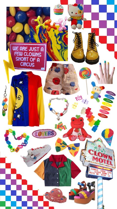 #clowncore  #KIDCORE #outfitinspo #aesthetic #aestheticboard #vibes #style #styleinspo #moodboards Clowncore Outfit, Kid Core Outfits, Kidcore Outfit, Kidcore Fashion, Clowncore Aesthetic, Kid Core Aesthetic, Silly Clothes, Silly Shirt, Scene Kids