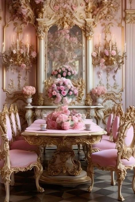 Coquette House, Coquette Aestethic, Room Coquette, Bridgerton Theme, Rococo Interior, Dining Room Decor Ideas, Tout Rose, Pink Victorian, Luxury House Interior Design