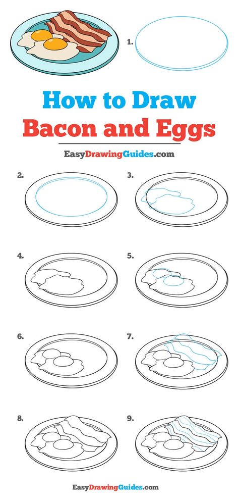 Learn How to Draw Bacon and Eggs: Easy Step-by-Step Drawing Tutorial for Kids and Beginners. #BaconEggs #Breakfast #DrawingTutorial #EasyDrawing See the full tutorial at https://easydrawingguides.com/how-to-draw-bacon-and-eggs/. Eggs And Bacon Drawing, How To Draw Egg, Breakfast Drawing Easy, How To Draw Food Step By Step, Drawing Food Easy, How To Draw Food, Drawing Breakfast, Eggs Drawing, Breakfast Drawing