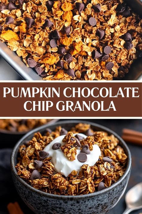 This Pumpkin Chocolate Chip Granola is crunchy, sweet, and packed with fall flavor. Made with oats, pumpkin puree, and chocolate chips, it's the perfect snack or breakfast. Customize it with nuts or seeds, and make a vegan version with maple syrup. Try it today and save this easy recipe for later! #PumpkinGranola #FallRecipes #Granola #EasyBreakfast Pumpkin Granola Recipe, Chocolate Granola Recipe, Chocolate Chip Granola, Pumpkin Granola, Chocolate Granola, Fall Snacks, Pumpkin Chocolate Chip, Honey Oatmeal, Pumpkin Chocolate Chips