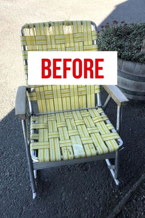 Check out this before and after old rocking chair upcycle. This is a great way to decorate Boho style on a budget. Chair Upcycle, Metal Lawn Chairs, Rocking Chair Makeover, Diy Rocking Chair, Old Rocking Chairs, Upcycle Chair, Macrame Chairs, Chair Redo, Style On A Budget