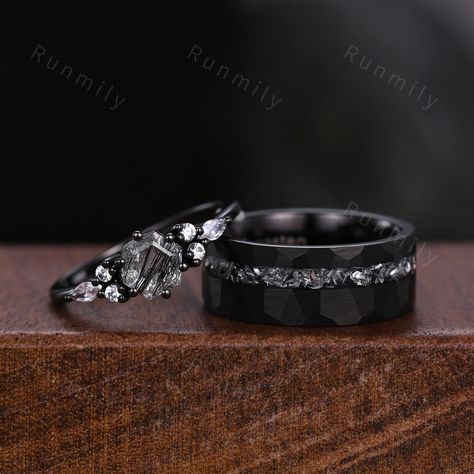 Here we have a Hexagon cut Black Rutilated Quartz Couples Ring Black Gold Matching Ring Set His and Hers Wedding Band Promise Ring For Men For Women ITEM DESCRIPTION ✦ Handmade, high-quality item! ✦ Material: Sterling Silver/Tungsten ►Sold as a two-piece set ►His ring is Black Gold Tungsten Carbide with meteorite inlay. ►His band width: 8mm ►His tungsten ring will not turn green itself and will not cause your skin to turn green.  ✦ Durable - Incredibly Scratch-Resistant to always look great. ✦ C Mens Goth Wedding Ring, Unique Rings For Men, Unique Wedding Rings For Him, Male Engagement Ring Black, Male Rings Wedding, Gothic Male Wedding Ring, Matching Black Wedding Rings, Black Wedding Rings For Men, Black Wedding Rings Sets Couple