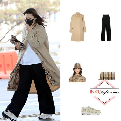 Car Coat Outfit, Burberry Outfits, Off Duty Model Look, Burberry Bucket Hat, Burberry Coat, Ji Hyun, Incheon Airport, Model Look, Car Coat