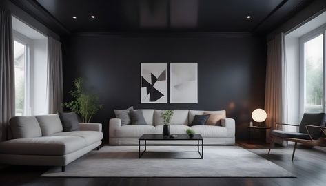 Paint it Black: How Dark Living Room Ceilings Designs Can Enhance Your Space — Hipcouch | Complete Interiors & Furniture Dark Gray Ceiling, Low Ceiling Living Room, Living Room Ceilings, Startup Office Design, Gray Ceiling, Dark Living Room, Grey Ceiling, Commercial Office Design, Paint It Black