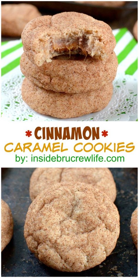 These easy cinnamon cookies have a surprise caramel center that everyone will love! Easy Cinnamon Cookies, Cookies Fall, Cinnamon Caramel, Cinnamon Cookies, Caramel Cookies, Easy Cinnamon, 50 Christmas, Yummy Sweets, Tea Cakes