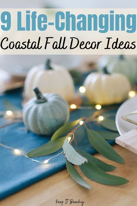 coastal fall decor ideas Coastal Thanksgiving Decor, Coastal Porch Decor, Coastal Fall Decor Ideas, Coastal Fall Decor, Fall Interior Decor, Beach Style Decorating, Coastal Fall, Fall Decor Wreaths, Coastal Farmhouse Decor