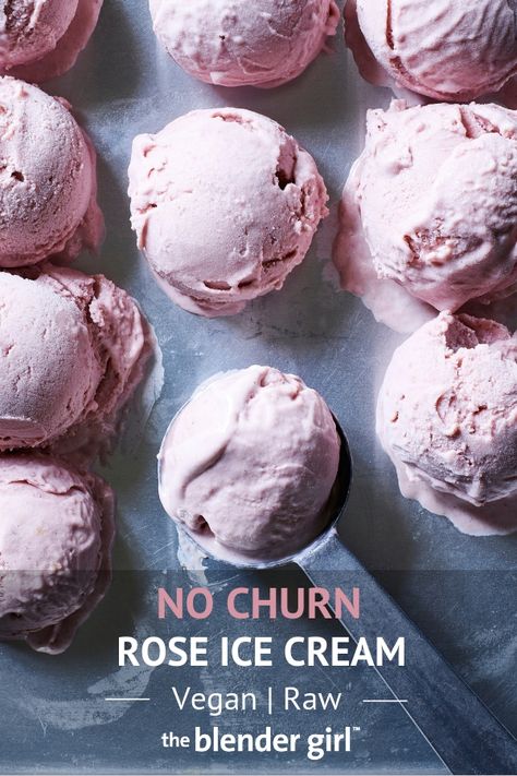 No-Churn Rose Ice Cream {Raw, Vegan, Paleo} - The Blender Girl Non Dairy Ice Cream, Ice Cream Vegan, Rose Ice Cream, Vegan Ice Cream Recipe, Dairy Free Ice Cream, Vegan Raw, Yogurt Smoothies, No Churn Ice Cream, Healthy Ice Cream