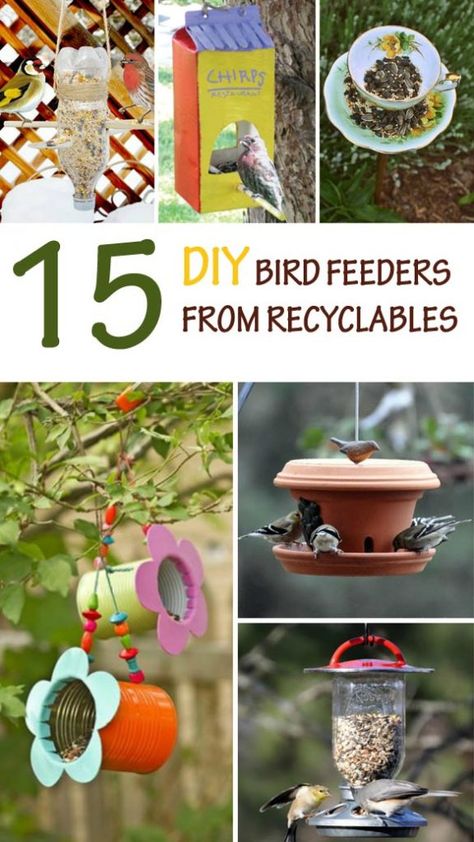 15 amazing DIY bird feeders from recyclables. Cheap bird feeders to make with kids this spring or summer. A fun and easy nature craft for preschool or older kids. | at Non-Toy Gifts Diy Bird Seed Feeders, Diy Bird Feeder Easy, Bird Feeders For Kids To Make, Recycler Diy, Recyclable Items, Bird Feeder Craft, Easy Bird, Homemade Bird Feeders, Nature Craft