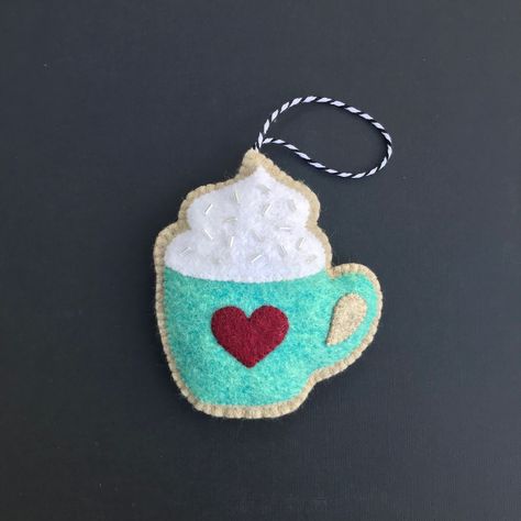 Felt Coffee Ornament, Felt Hot Cocoa Ornaments, Felt Coffee Cup Ornament, Coffee Cup Ornaments Diy, Cup Christmas Ornaments, Felt Coffee Cup, Coffee Decorations, Coffee Ornaments, Chocolate Ornament