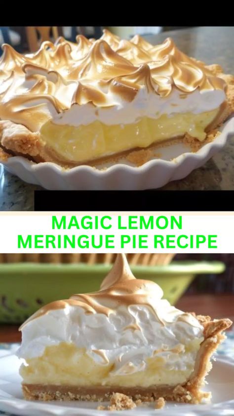 Experience the enchantment of Magic Lemon Meringue Pie. A zesty delight with a fluffy meringue topping, sure to dazzle your taste buds. Creamy Lemon Meringue Pie, Magic Lemon Pie Recipe, Magic Lemon Pie, Lemon Meringue Pie With Condensed Milk, Edwards Lemon Meringue Pie Recipe, Eagle Brand Lemon Meringue Pie, Lemon Merang Pie Recipe Easy, Myers Lemon Recipes, Old Fashioned Lemon Meringue Pie