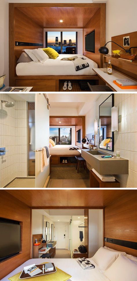 8 Small Hotel Rooms That Maximize Their Tiny Space | CONTEMPORIST Small Hotel Room Design, Hotel Room Design Ideas, Tiny Apartment Living, Apartment Living Room Layout, Hotel Room Plan, Small Hotel Room, Hotel Bedroom Design, Hotel Room Interior, Hotel Room Design