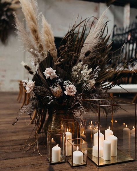 Dark Pampas Grass Decor, Winter Pampas Grass Wedding, Black Christmas Wedding Decor, Bohemian Goth Wedding, Moody Pampas Grass Wedding, Black Rustic Wedding Table Decor, Dark Moody Boho Wedding, All Black Boho Wedding, Yallternative Aesthetic Wedding