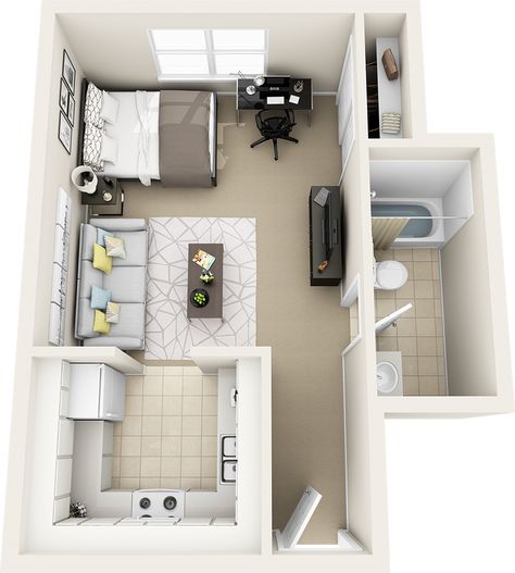 One Room Studio Apartment Decorating, Mini Studio Apartment, Media Room Decor, Studio Apartment Floor Plans, Mini Apartments, Studio Apartment Living, College Ideas, Small Apartment Interior, Bedroom Layout