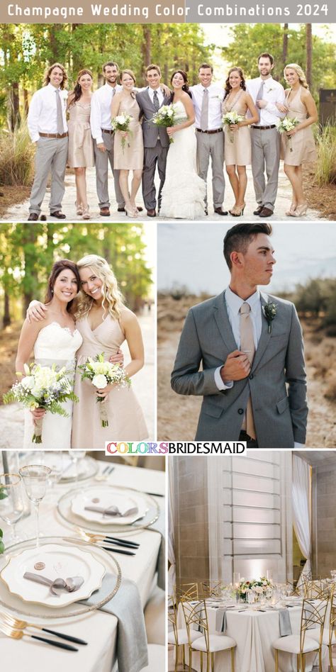 8 Elegant Champagne Wedding Color Combos for 2024 - ColorsBridesmaid Suits That Go With Champagne Dresses, Wedding Party Champagne Color, Champagne And Grey Wedding, Champagne Table Cloth, Champagne Bridesmaid Dresses With Grooms, Navy Blue And Champagne Wedding, Champagne Color Palette Wedding, Champagne Wedding Colors Scheme, Champagne Wedding Party