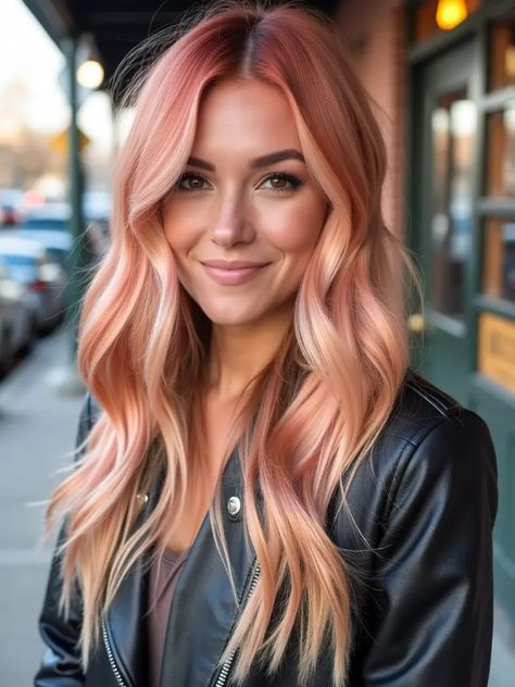 40 Irresistible Strawberry Blonde Hair Ideas to Rock This Fall Peach Pink Hair Highlights, Strawberry Blonde With Peekaboo Color, Peach Gold Hair, Peach Coloured Hair, Peach Dyed Hair, Strawberries And Cream Hair, Blonde And Peach Hair, Fun Hair Colours, Blonde Peach Hair