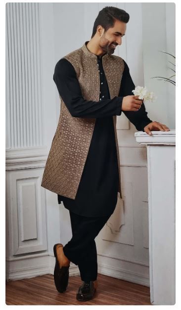 Men’s Kurta With Jacket, Kurta With Jacket For Men, Long Coat Style, Waist Coat Men, Churidar Pajama, Man Dress Design, Mens Indian Wear, Wedding Kurta, Wedding Kurta For Men