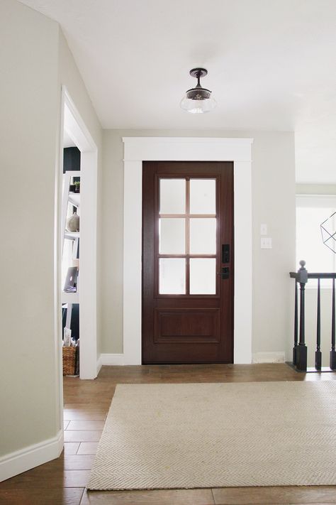 Adding Trim Around the Inside of Our Front Door (Finally) | Chris Loves Julia Door Trim Ideas Moldings, Door Trim Ideas Interior, Door Trim Ideas, Craftsman Front Door, Front Door Molding, Interior Front Door, Craftsman Trim, Front Door Trim, Front Door Interior