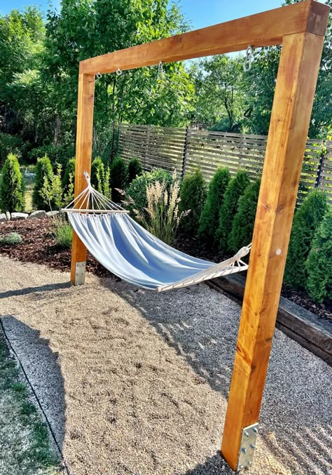 Backyard Swings For Adults, Hammock With Pergola, Backyard With Hammock, Outdoor Hammock Frame, Hammock Stand Pergola, Backyard Landscaping Hammock, Minwax Stain Colors, Backyard Design Ideas, Backyard Hammock