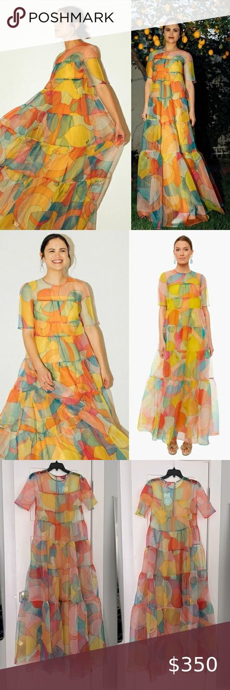 STAUD Hyacinth Crepe Organza Maxi Dress Multicolor Citrus NEW with tags Organza Maxi Dress, Staud Dresses, Organza Fabric, Simple Jewelry, Short Sleeves, Dress Es, Maxi Dress, Dresses Skirts, Sandals