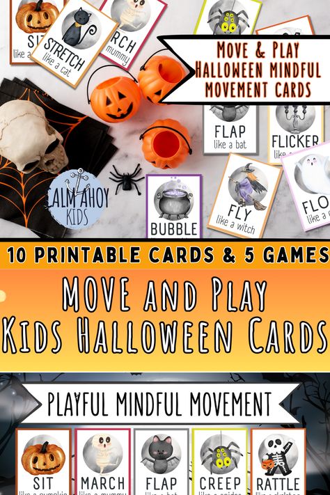 These fun-filled Halloween mindful movement ideas for kids are a great way to introduce Halloween themed mindul movement games to children. These activities are designed to get kids moving their bodies and immerse themselves in the fun of Halloween. They can be used in a variety of games, providing an engaging way to keep kids active and entertained. Halloween Movement Games, Halloween Movement Cards, Halloween Movement Activities, Movement Preschool, Kids Races, Pumpkin Activities, Kids Moves, Calming Activities, Printable Flash Cards