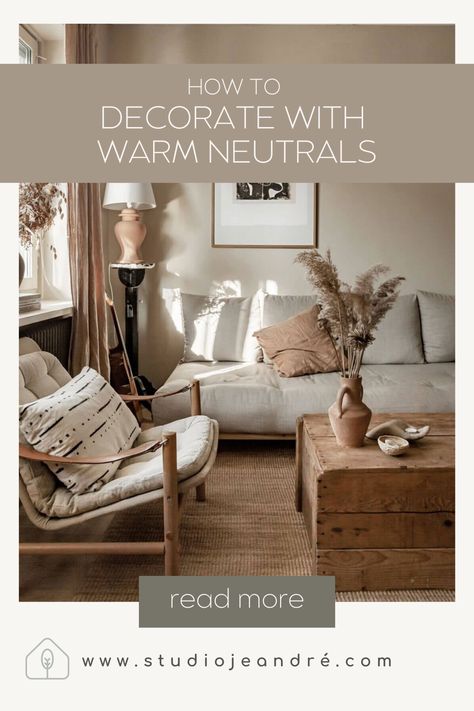 Looking to create a neutral colour palette for your home? Grab our tips on decorating with warm neutral tones for a neutral home aesthetic. Neutral paint tones work well with all types of decor style, especially when using neutral tones in the living room. We look at what paint colours are considered to be warm neutrals and examples of warm neutral interior design. Using warm neutral colours in the living room is popular, especially earth tone colours. #neutralhomedecor #homedecorcolours Neutral And Tan Living Room, Lounge Neutral Colours, Cost Neutral Living Room, Cottage Neutral Living Room, Tone On Tone Interior Design, Lounge Decor Color Schemes Neutral, Neutral Colour Schemes Interior, Neutral Cream Living Room, Modern Taupe Living Room