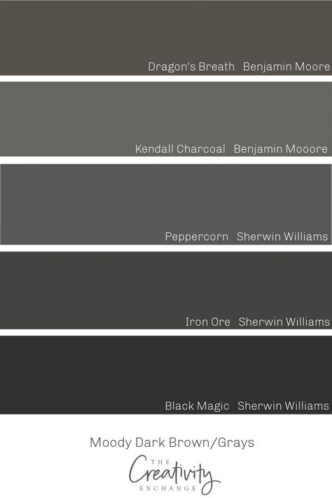 Dark Grey With Brown Undertones, Carbonized By Sherwin Williams, Peppercorn Grey Sherwin Williams, Graphite Sherwin Williams, Pepper Corn Paint Color, Monochromatic House Decor, Peppercorn By Sherwin Williams, Black Peppercorn Paint Color, Dark Grey Interior Paint