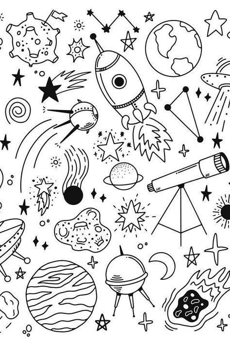 Doodle Space Drawings, Space Drawings Ideas, Space Things To Draw, Simple Space Drawings, Space Doodles Aesthetic, Astronomy Doodles, Outer Space Doodles, Astrology Doodles, Space Drawings Easy