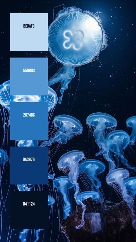 Deep Sea Palette, Under Water Colour Palette, Aquarium Color Palette, Jellyfish Color Palette, Jellyfish Palette, Underwater Palette, Marine Color Palette, Magical Color Palette, Blue Color Theory