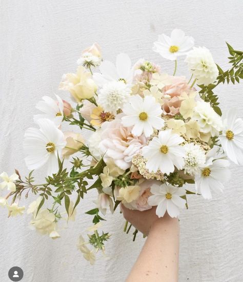 White And Beige Flower Arrangements, White Pink Yellow Wedding Flowers, White Cosmos Wedding, Yellow And Pink Wedding Flowers, White And Yellow Wedding Flowers, White Wildflower Bouquet, Pale Yellow Weddings, Pink Yellow Weddings, White Daisy Bouquet