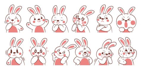 Animal Emotions, Bunny Emoji, Bunny Character, Rabbit Character, Cartoon Expression, Rabbit Drawing, Caracter Design, Funny Rabbit, Vector Character Design